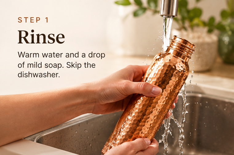 Step 1, Rinse: warm water and a drop of mild soap, skip the dishwasher