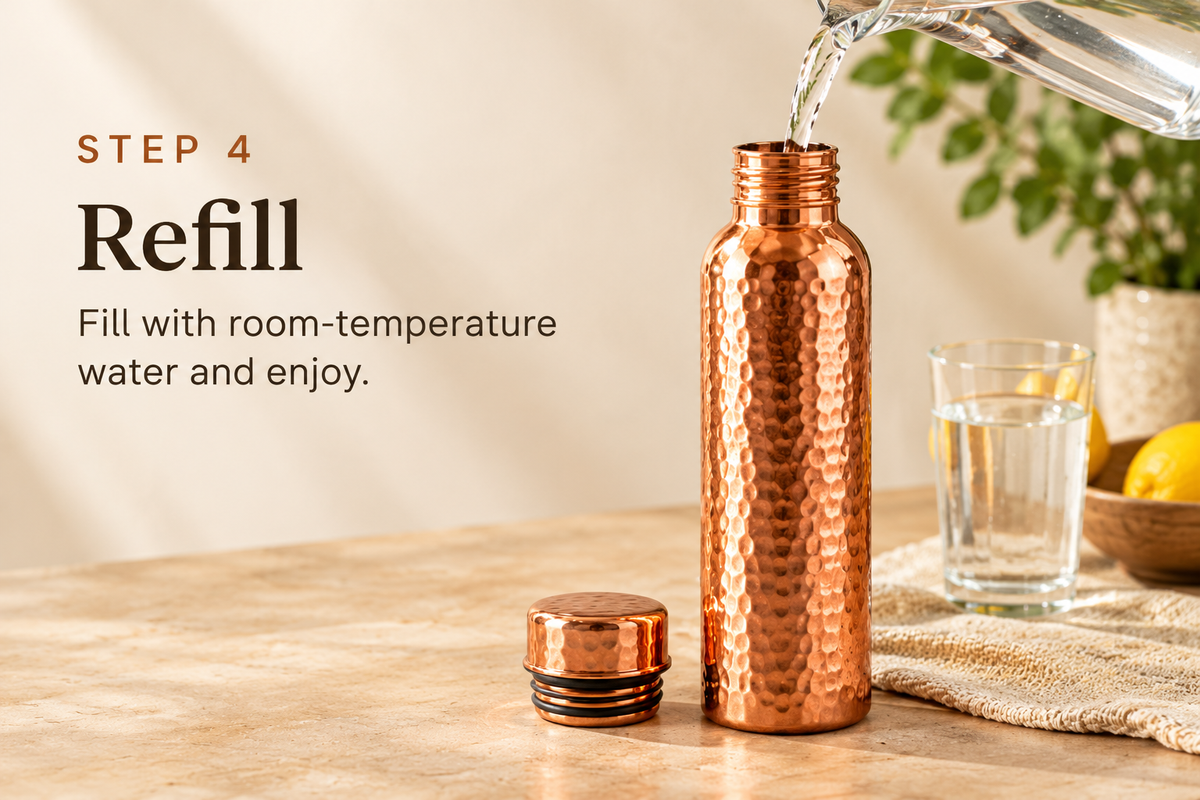 Step 4, Refill: fill with room-temperature water and enjoy