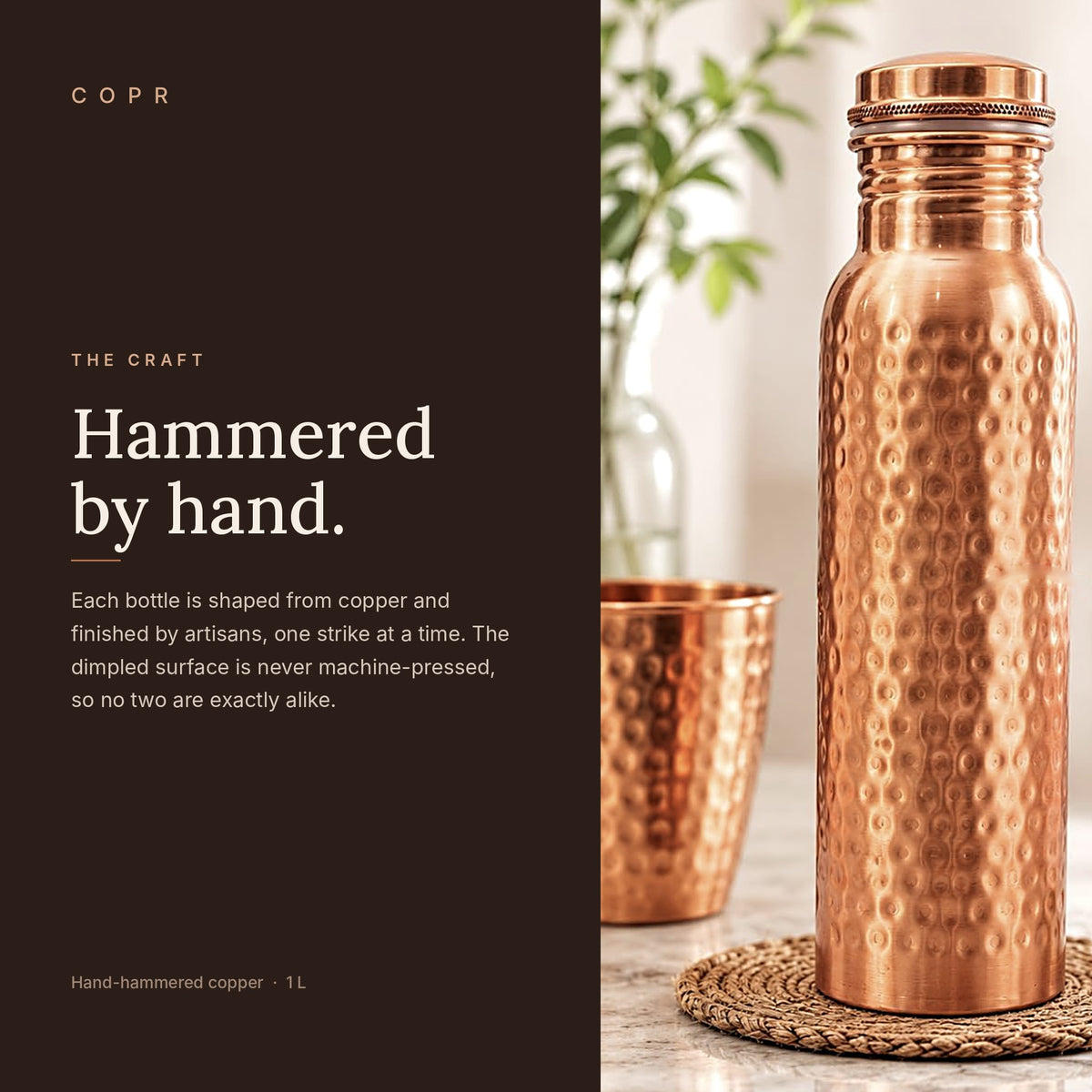 COPR copper bottle on a woven coaster beside a copper cup, with copy about its hand-hammered finish