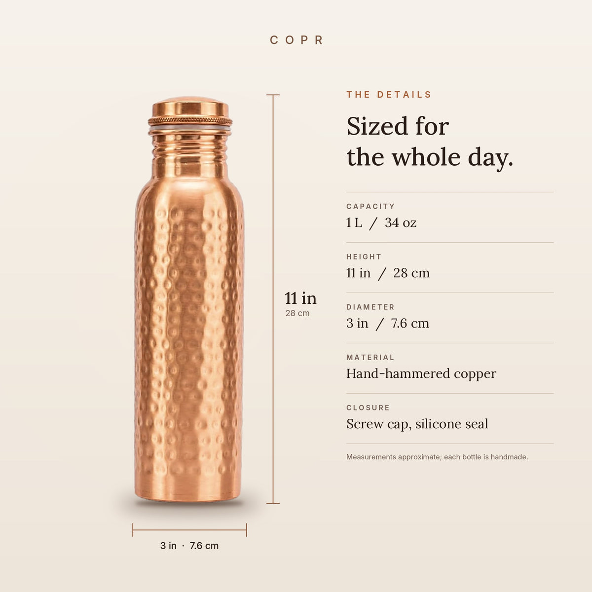 COPR copper bottle dimensions: 1 L capacity, 11 in tall, 3 in diameter