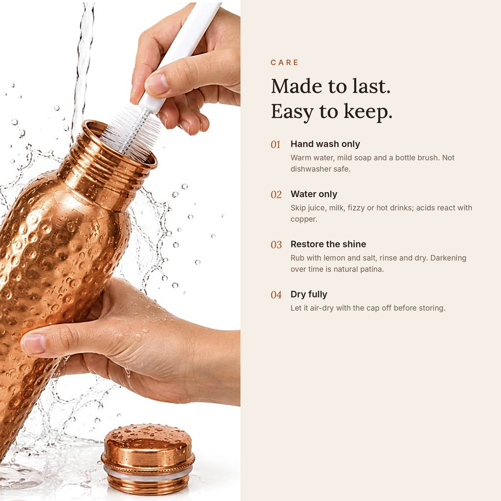 Copper bottle being cleaned with a brush, with care instructions: hand wash, water only, polish with lemon and salt