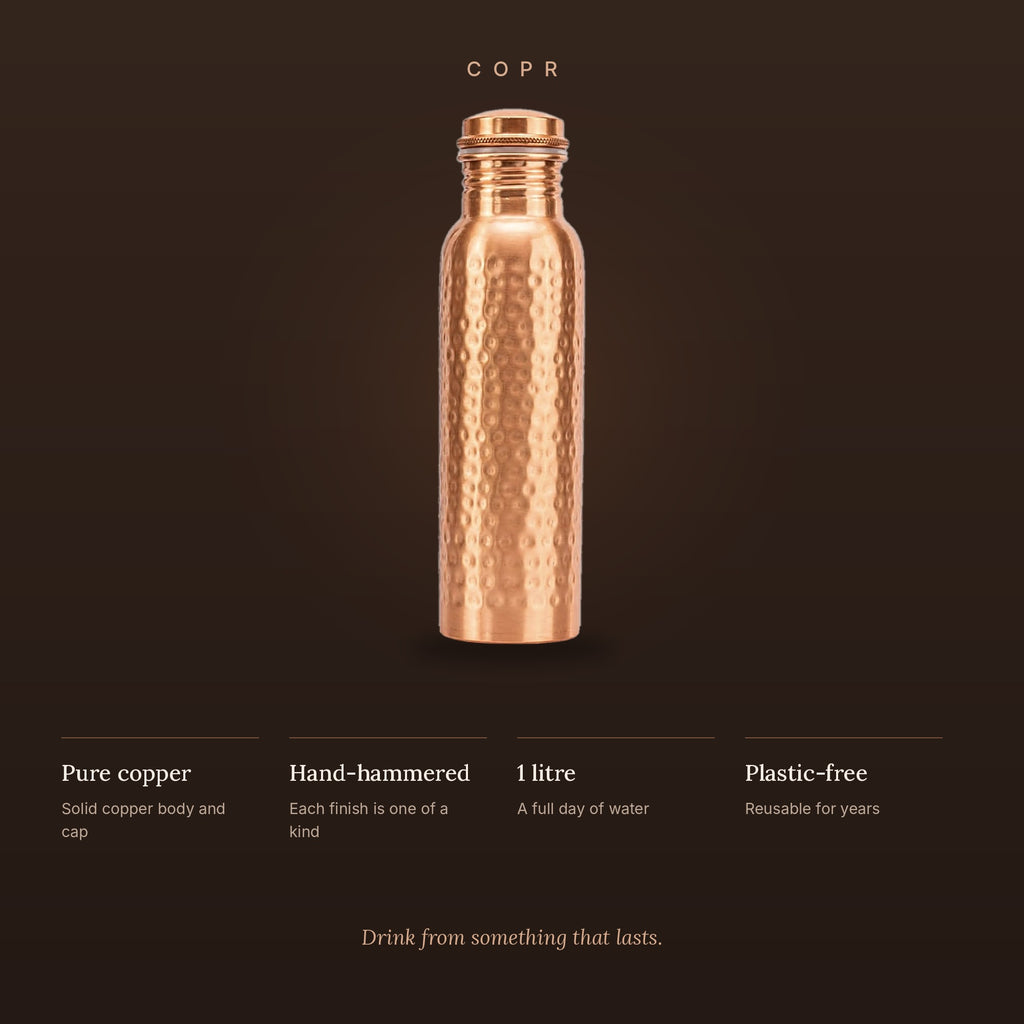 COPR copper bottle on a dark background: pure copper, hand-hammered, 1 litre, plastic-free