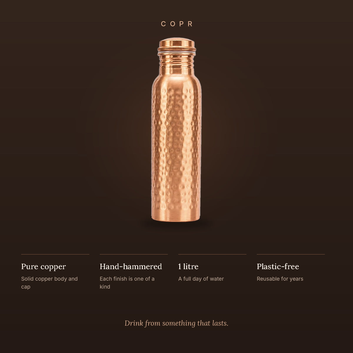 COPR copper bottle on a dark background: pure copper, hand-hammered, 1 litre, plastic-free
