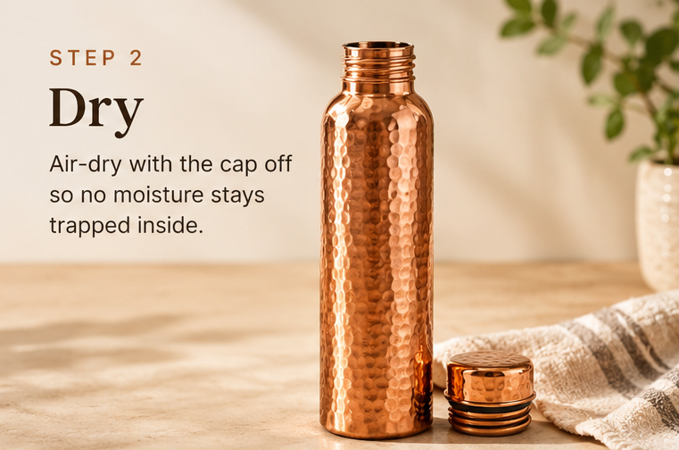 Step 2, Dry: air-dry with the cap off so no moisture stays trapped inside