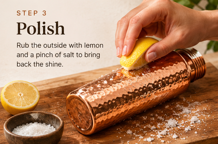Step 3, Polish: rub the outside with lemon and a pinch of salt to bring back the shine